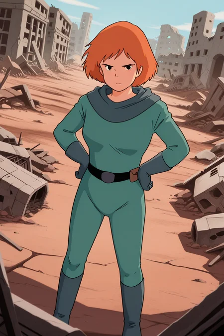 masterpiece, best quality, amazing quality, absurdres, solo, conanmonsley, serious, standing, looking at viewer, dutch angle, hands on hips, orange hair, green hood, hood down, green bodysuit, green gloves, green boots, outdoors, ruins, wasteland, wreckage