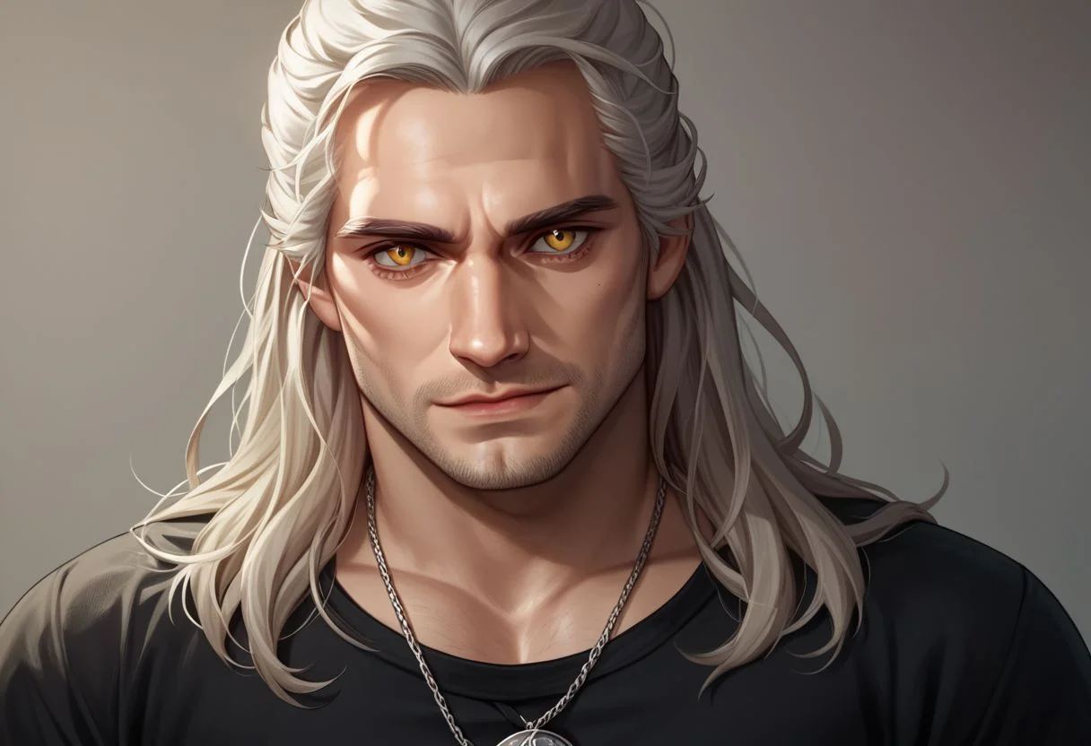 dskgeralt, solo, long hair, looking at viewer, shirt, 1boy, jewelry, closed mouth, upper body, white hair, male focus, necklace, black shirt, facial hair, yellow eyes, PonyXLV6_Scores zPDXL