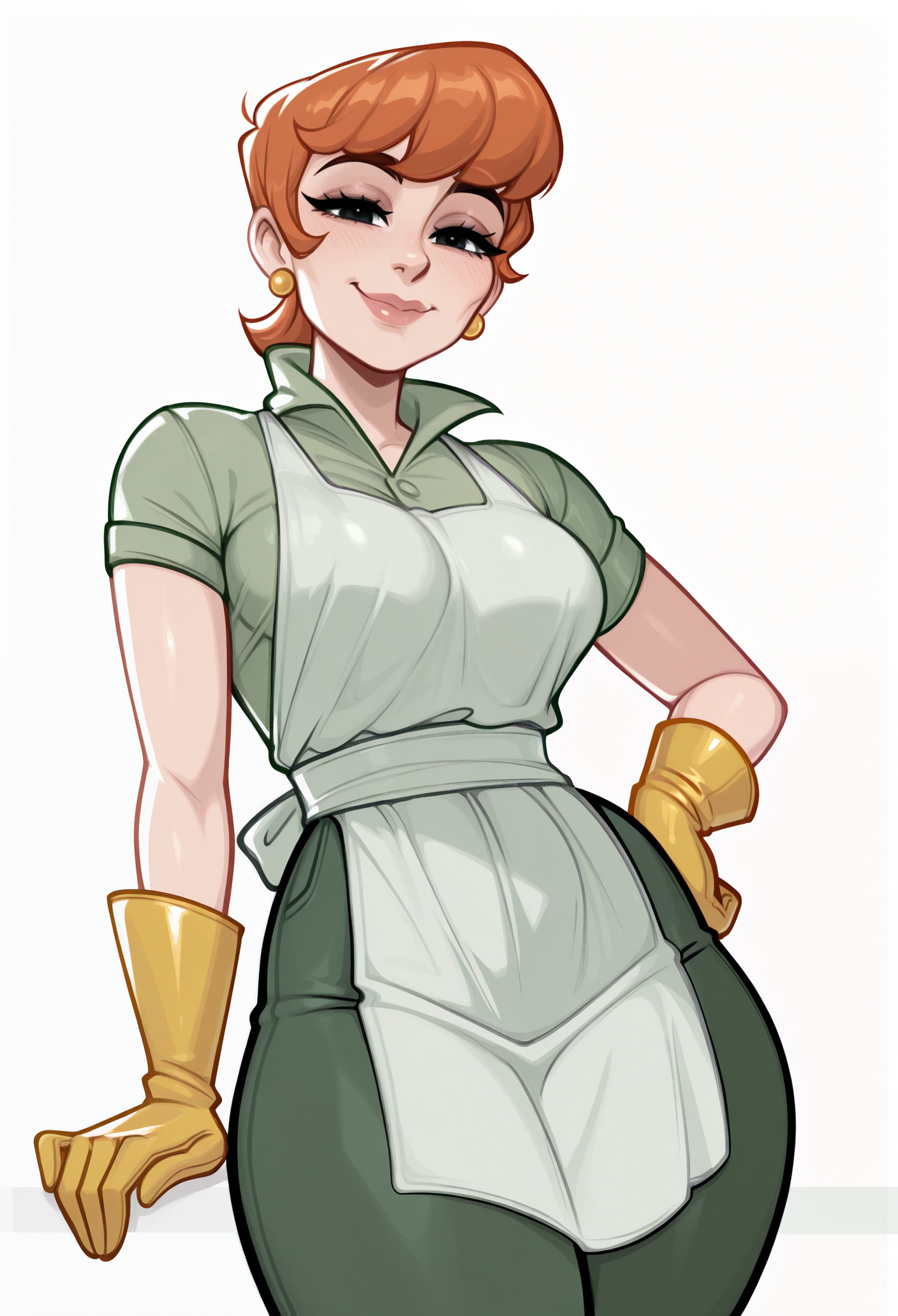 1girl, solo, white background, hand on own hip, smile, looking at viewer, 
orange hair, short hair, earrings, mature female, 
apron, short sleeves, yellow gloves, green shirt, green pants, black eyes, 
masterpiece, best quality, <lora:dextersmom-guy90-Illust-LoraV2:1>, momxed, <lora:Blushyspicy-guy90-IllustriousV101:1>, yciblu