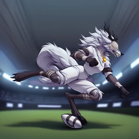 <lora:Vicar_Amelia__Illustrious:1> bbvicamelia, fur, fluffy fur, sharp teeth, claws, paws, digitigrade, golden pendant necklace, in a football uniform, on a football field, playing football, kicking a ball, motion lines, masterpiece, best quality, newest, absurdres, highres, very aesthetic,