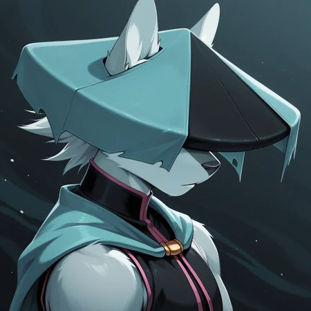 masterpiece, best quality, amazing quality, du57aet, anthro, ((male focus, 1boy, solo)), male, hat over eyes, hat, cape, vest, shirt, shoulders up portrait, side view, abstract background<lora:Illustrious\dust-illuv2.safetensors:1.0000000000000002:1.0000000000000002>