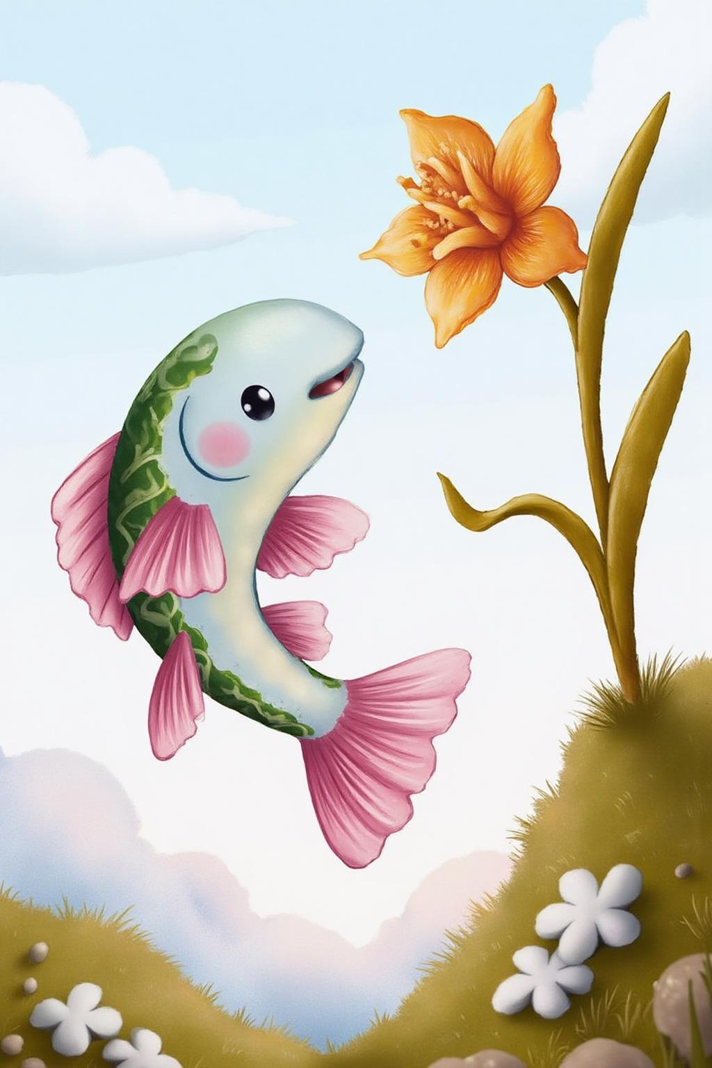 illustration. 
A fish jumping into the air on the left side of the image. It has a sleek, smooth body with a gradient of light blue and green scales, adorned with pink spots. Its pink fins shimmer, giving off a glow. The fish has a happy, curious expression with large, round eyes and a small, rounded mouth.
 <lora:alicesa1_cap_d6a3:1.0><lora:830692485450828570:0>