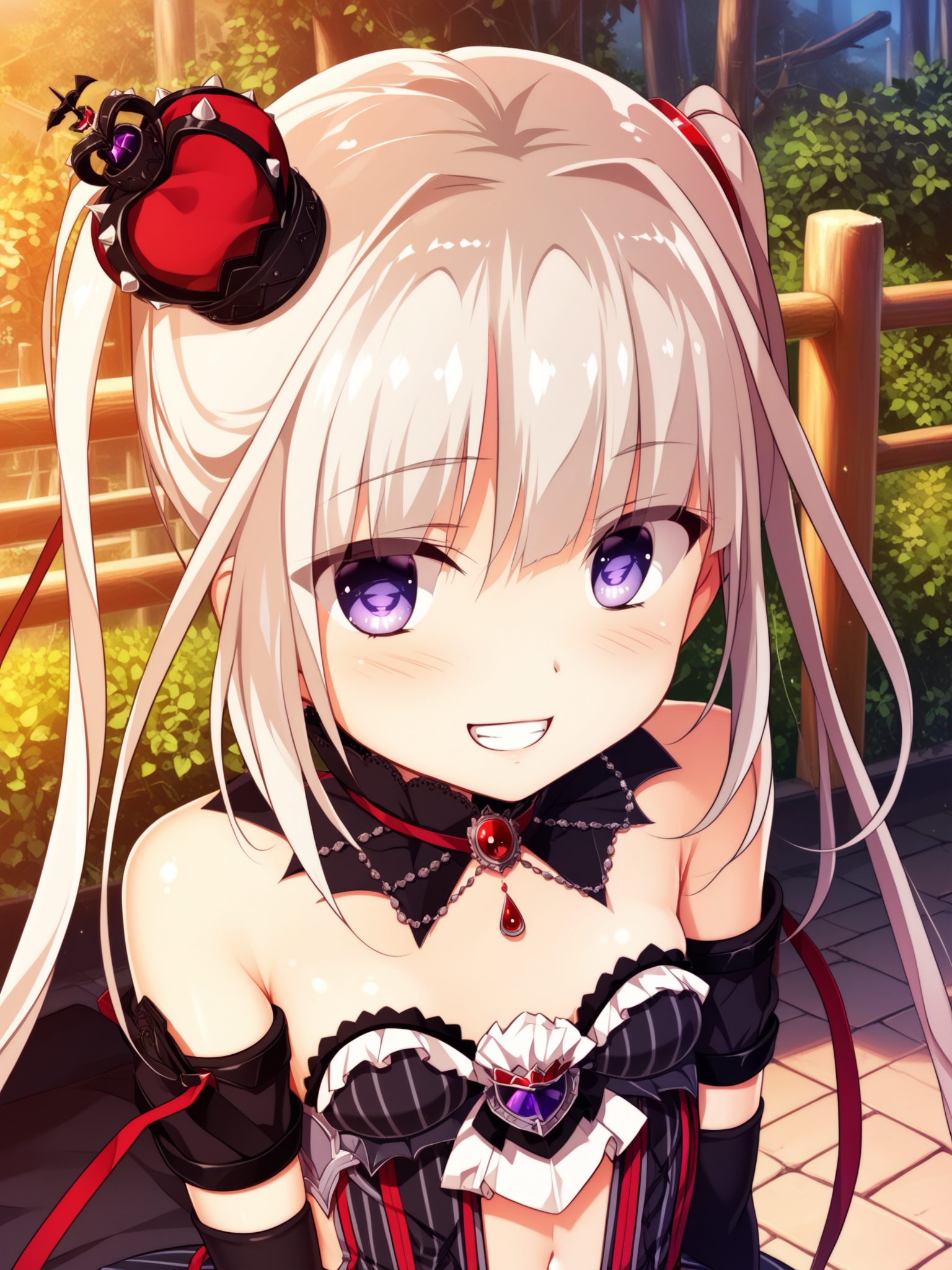 <lora:happy_tentacle-kuon-v0.2-000030:1>, ht_kuon, magician, black dress, vertical-striped dress, vertical-striped skirt, strapless, black thighhighs, detached collar, arm warmers, arm strap, navel, hair ribbon, mini crown, jewelry , outdoors, 1girl, solo, upper body , , ( grin :1), , looking at viewer , , , score_9, score_8_up, score_7_up, score_6_up, score_5_up, score_4_up