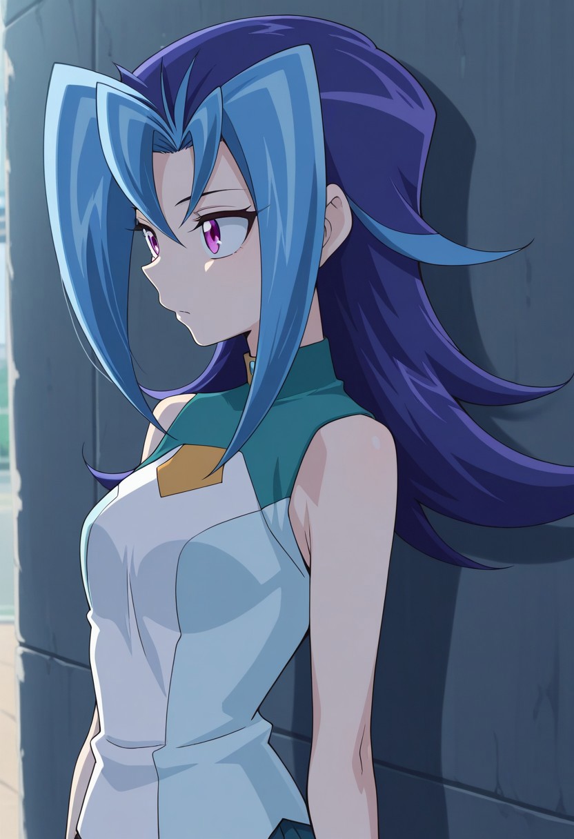 masterpiece,best quality,amazing quality, source_anime,
rioKamishi, 1girl, solo, pink eyes, multicolored hair, purple hair, blue hair, long hair, school uniform, shirt, multicolored shirt, sleeveless,
outdoor,