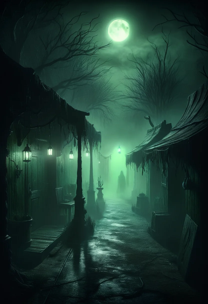 Eldritch marketplace, twisted stalls, dark and mysterious wares, eerie green light, shadowy figures, detailed textures, high detail, high resolution, (dark fantasy, eerie:1.3), (haunting, atmospheric:1.2), (nightmarish:1.4), masterpiece quality <lora:ral-ertmsphr:1>, ral-ertmsphr