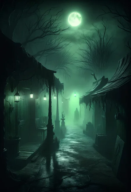 Eldritch marketplace, twisted stalls, dark and mysterious wares, eerie green light, shadowy figures, detailed textures, high detail, high resolution, (dark fantasy, eerie:1.3), (haunting, atmospheric:1.2), (nightmarish:1.4), masterpiece quality <lora:ral-ertmsphr:1>, ral-ertmsphr