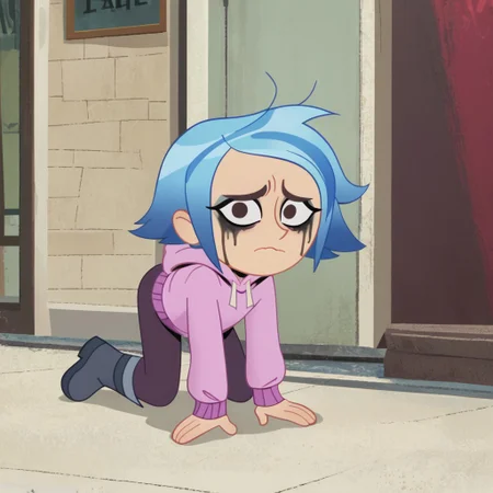 score_9, score_8_up, score_7_up, BREAK high quality, masterpiece, AndreaDTGMM, solo, 1girl, blue hair, short hair, looking at viewer , ruined makeup, on all fours, boots, pink hoodie, worried