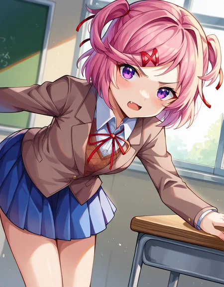 score_9, score_8_up, score_7_up, source_anime,
ddlcnatsuki, <lora:ddlc-natsuki-ponyxl-lora-nochekaiser:1>
ddlcnatsuki, fang, hair ornament, pink hair, purple eyes, short hair, short sidetail, swept bangs, x hair ornament,
blazer, blue skirt, brown jacket, collared shirt, jacket, long sleeves, miniskirt, neck ribbon, pleated skirt, red ribbon, ribbon, school uniform, shirt, skirt, swept bangs, vest, white shirt, wing collar, x hair ornament,
indoors, classroom, bent over,
looking at viewer, dutch angle, cowboy shot,
