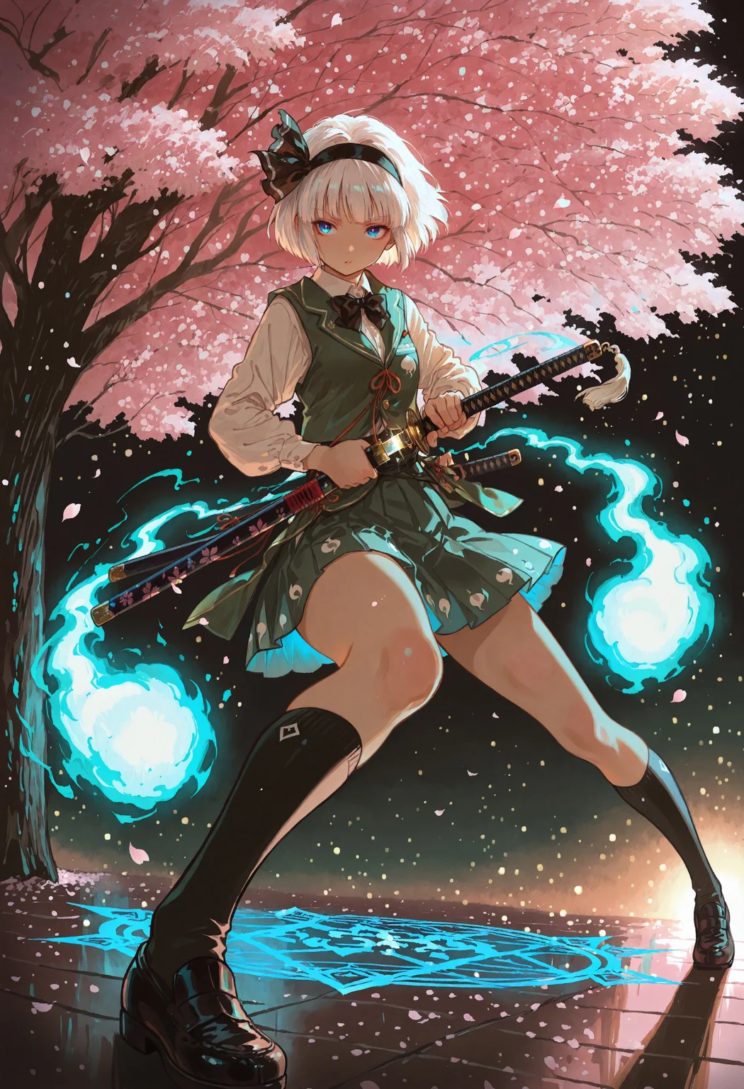 safe_pos, source_anime, high res image, (masterpiece:1.2), best quality, very awa, absurdres, perfect quality, newest, highres, (4k, 8k, Ultra HD), (ultra-detailed:1.2), very aesthetic, sharp focus, depth of field, ray tracing, best lighting, detailed illustration, detailed background, scenic, cinematic, glowing particles, shinny, glitter,
BREAK
solo, konpaku youmu, 1girl, solo, white hair, short hair, blunt bangs, blue eyes, hairband, hair ribbon, black ribbon, black bowtie, white shirt, collared shirt, green vest, green skirt, knee-socks, sock tassels, beautiful face, beautiful eyes, detailed eyes, glossy lips, glossy hair, (full body:1.1), (release particles light:1.1), (floating particle light:1.1), blue glowing aura body, blue magic array, accurate anatomy, ultra detailed face, ghost,
BREAK
katana tassel, (detailed katana:1.3), sheath, drawing a katana, unsheathing a katana, (battoujutsu stance:1.1), dynamic attack pose, fighting stance, ready to draw,
BREAK
cherry blossom tree, cherry blossoms, blowing in the wind, windy, night time, dark background, (soft lighting:1.1), pastel colors, (ambient light), (dynamic light), vivid colors, high contrast, bright face, illuminated face,