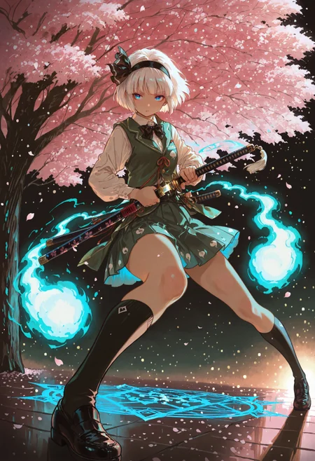 safe_pos, source_anime, high res image, (masterpiece:1.2), best quality, very awa, absurdres, perfect quality, newest, highres, (4k, 8k, Ultra HD), (ultra-detailed:1.2), very aesthetic, sharp focus, depth of field, ray tracing, best lighting, detailed illustration, detailed background, scenic, cinematic, glowing particles, shinny, glitter,
BREAK
solo, konpaku youmu, 1girl, solo, white hair, short hair, blunt bangs, blue eyes, hairband, hair ribbon, black ribbon, black bowtie, white shirt, collared shirt, green vest, green skirt, knee-socks, sock tassels, beautiful face, beautiful eyes, detailed eyes, glossy lips, glossy hair, (full body:1.1), (release particles light:1.1), (floating particle light:1.1), blue glowing aura body, blue magic array, accurate anatomy, ultra detailed face, ghost,
BREAK
katana tassel, (detailed katana:1.3), sheath, drawing a katana, unsheathing a katana, (battoujutsu stance:1.1), dynamic attack pose, fighting stance, ready to draw,
BREAK
cherry blossom tree, cherry blossoms, blowing in the wind, windy, night time, dark background, (soft lighting:1.1), pastel colors, (ambient light), (dynamic light), vivid colors, high contrast, bright face, illuminated face,