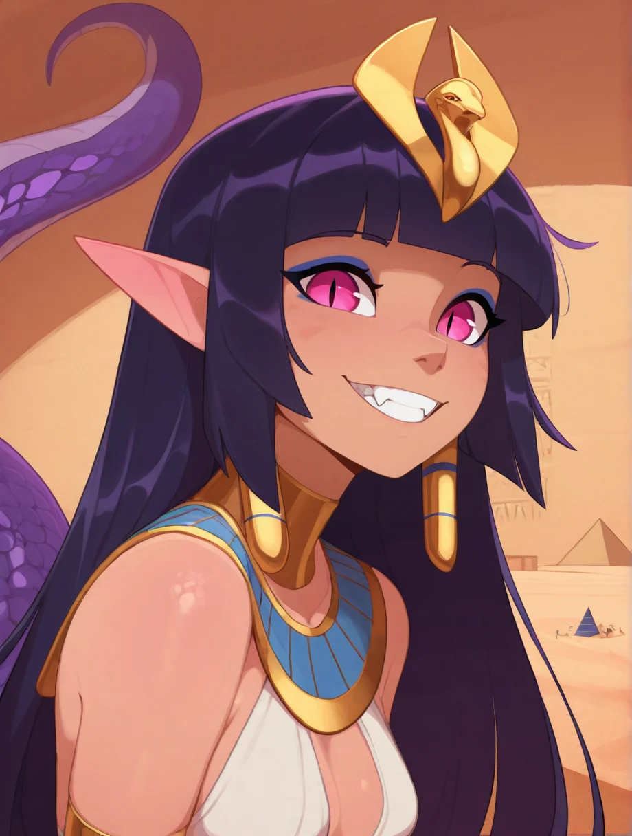 high quality, best quality, masterpiece, highres, very aesthetic, absurdres, detailed hair, <lora:NSFWFilter_illusXL_Incrs_v1:-.5>, solo focus, portrait, headshot,
lamia, monster girl, very long hair, black hair, straight hair, blunt bangs, hair ornament, hot pink eyes, slit pupils, blue eyeshadow, eyeliner, pointy ears, tan skin, (purple scales), <lora:Mega_Scally_for_Illustrious_XL:.4>, megascaly, small breasts, smiling, teeth, fangs, egyptian clothes, jewelry, usekh collar, in a desert, desert temple, egyptian art, pyramids in the background
, indoors, in a dark stone cavern, stalagmite, stalactites, small pond, <lora:huffslove-illustrious:1> huffslove