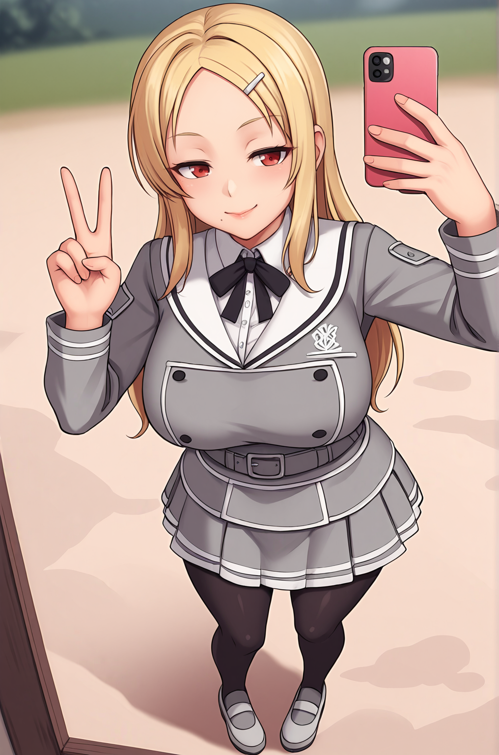 anime artwork, score_9, score_8_up, score_7_up, source_anime, BREAK, thick outline, fat outline,
Shiki_XL, blonde, long hair, red eyes, mole under mouth, hairclip, large breasts, BREAK, shiki_school_outfit, school uniform, black pantyhose, grey jacket, grey skirt, neck ribbon, grey belt, BREAK, from above, selfie, outdoors, holding a phone, looking at a phone, pink phone, v sign,
<lora:Shiki_XL:0.7>
<lora:PersonalAmi_PonyXL:1>