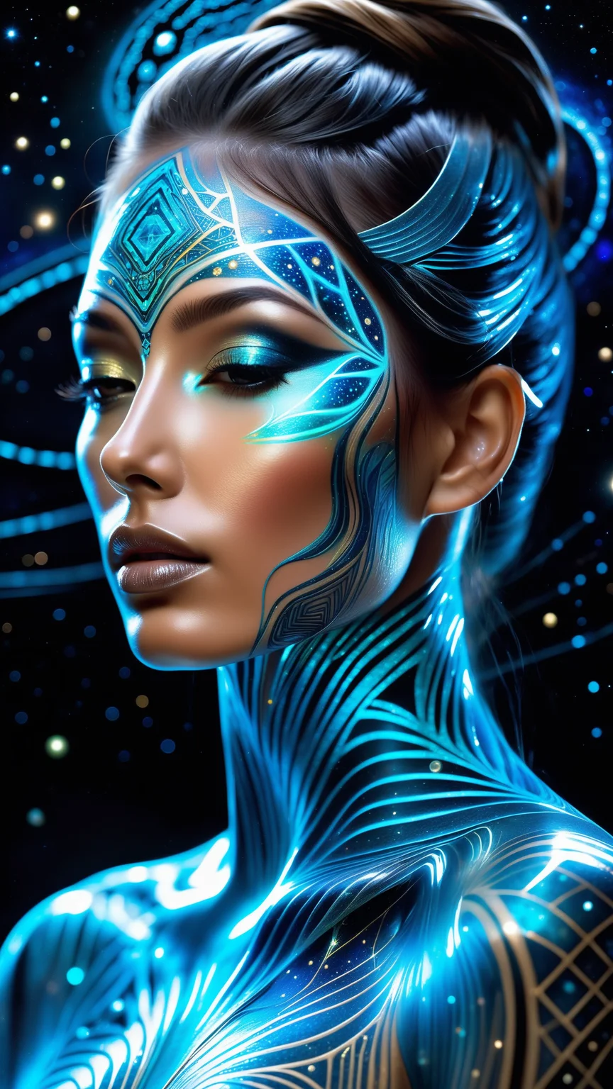 A mesmerizing hyper-realistic portrait reveals a humanoid with translucent skin, vibrant bioluminescent veins pulsating beneath the surface, their iridescent eyes emit an otherworldly glow, captivating onlookers, elaborate geometric patterns adorn their body, intertwining with intricate tattoo-like cosmic constellations, evoking a sense of cosmic energy, the figure stands against a backdrop of nebulous clouds, as if suspended in the universe itself