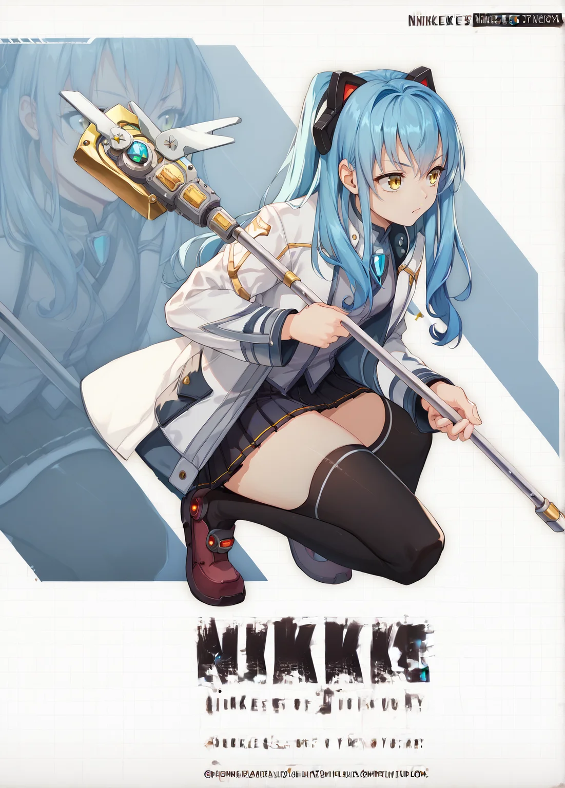 score_9, score_8_up, score_7_up, score_6_up, score_5_up, score_4_up, BREAK, solo, <lora:NikkeProfileV2_XLPD:1> IncrsNikkeProfile, full body, zoom layer, on one knee, holding weapon, staff,
<lora:tio2-000017:0.9>, tioplato, long hair, blue hair, yellow eyes, fake animal ears, tiocs, white jacket, pleated skirt, thighhighs,