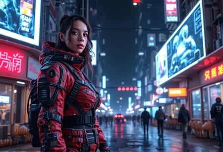 A medium shot of a cyberpunk character in a bustling neon cityscape . The scene is highly detailed and realistic, capturing the essence of cyberpunk aesthetics, with intricate elements like holographic billboards .<lora:bv-cybstyenh-v1.safetensors:1.0:1.0>