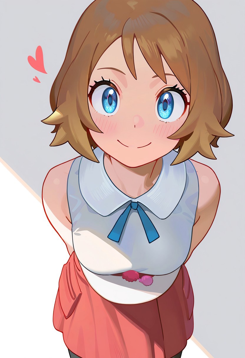 masterpiece, best quality, very aesthetic, high resolution, ultra-detailed, absurdres, newest, extremely detailed eyes, beautiful, perfect lighting, hi res, amazing quality, very awa, Brightly Lit, Highly Visible, 8k, sharp focus, beautiful, perfect lighting, volumetric lighting, scenery, painting_(artwork), PSTL_ST, 1girl, solo, looking at viewer, smile, short hair, bangs, blue eyes, skirt, simple background, brown hair, shirt, hat, white background, ribbon, holding, closed mouth, heart, sleeveless, vest, neck ribbon, leaning forward, arms behind back, blue ribbon, headwear removed, hat removed, holding clothes, holding hat, serena \(pokemon\)