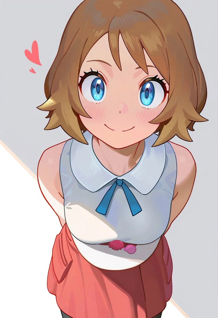 masterpiece, best quality, very aesthetic, high resolution, ultra-detailed, absurdres, newest, extremely detailed eyes, beautiful, perfect lighting, hi res, amazing quality, very awa, Brightly Lit, Highly Visible, 8k, sharp focus, beautiful, perfect lighting, volumetric lighting, scenery, painting_(artwork), PSTL_ST, 1girl, solo, looking at viewer, smile, short hair, bangs, blue eyes, skirt, simple background, brown hair, shirt, hat, white background, ribbon, holding, closed mouth, heart, sleeveless, vest, neck ribbon, leaning forward, arms behind back, blue ribbon, headwear removed, hat removed, holding clothes, holding hat, serena \(pokemon\)