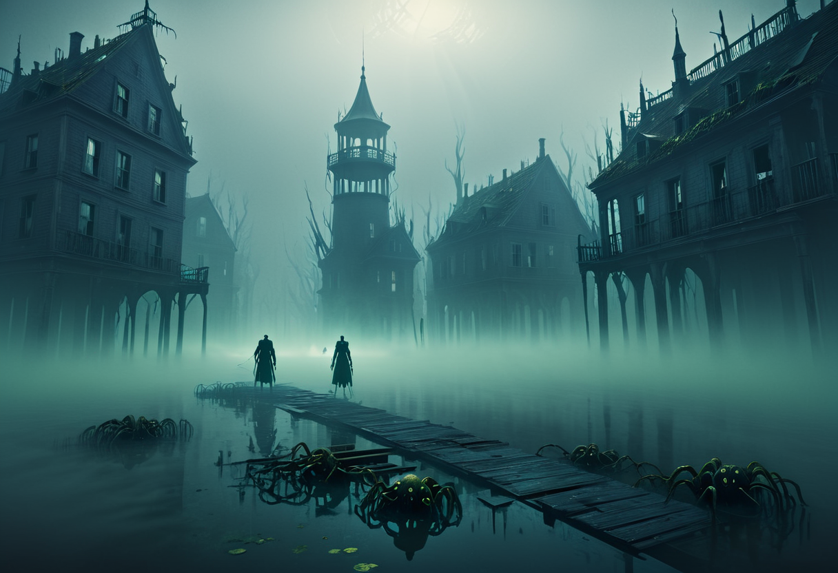 Chasing a shadowy figure through a foggy cityscape, Swimming in a swamp with unseen creatures circling below, Standing on a crumbling rooftop in a post-apocalyptic city, Wally Pfister, Andrew Lesnie, Janusz KamiÅski, Depth of field, Shadowy, Tactile, Masterful lighting, Surreal, Elegant, Gripping, Gloomy, Brooding, Vivid masterpiece, best quality, absurd resolution, in the style of first person perspective,  <lora:artfullyHW1P:1> arthw1p, scenery, no humans,