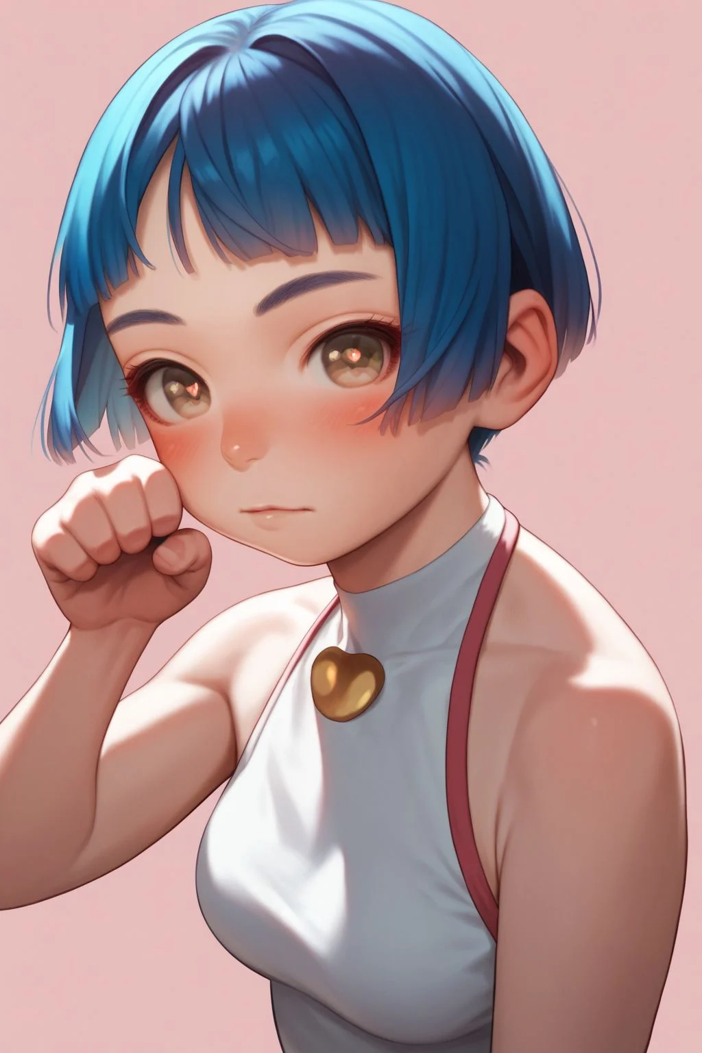 score_9, score_8_up, score_7_up, high resolution, 1girl, paw pose, looking at viewer, beautiful face, detailed pupils, nose blush, blue hair, dyed bangs, heavy fringe, beige eyes, medium breasts, golden halterneck, sunbeam, pink background <lora:Range_murata_PonyXL_style_v01.09:1>