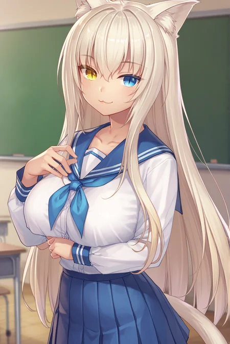 score_9, score_8_up, score_7_up, score_6_up, score_5_up, score_4_up, BREAK source_anime, 1girl, solo,
<lora:CoconutXL-v1-07:0.7>, ChopioCoconut, blonde hair, long hair, very long hair, hair between eyes, cat ears, animal ear fluff, cat girl, blue eyes, yellow eyes, heterochromia, slit pupils, looking at viewer,
large breasts, tail,
white serafuku, blue sailor collar, white shirt, blue neckerchief, blue skirt, pleated skirt,
classroom, standing, smile, seductive pose,