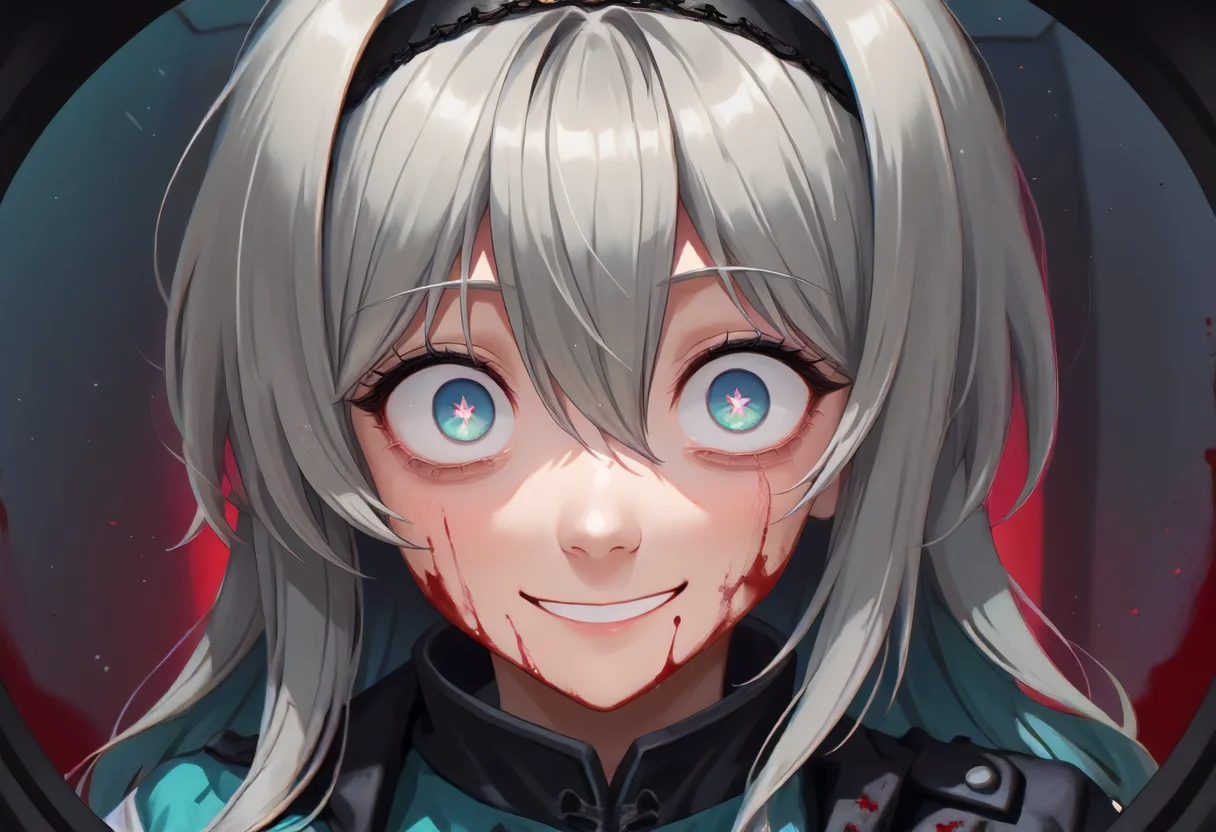 score_9,score_8_up,score_7_up,score_6_up,score_5_up,score_4_up,source_anime,<lora:POV_peephole_concept_ponyXL:1>,pov_peephole,<lora:lora_eyes_V2_ponyxl:0.7>,perfect eyes,1girl,:d,aqua skirt,black hairband,black jacket,blood,blood on face,blood stain,blue eyes,bright pupils,cropped jacket,grey hair,hair between eyes,hair intakes,hairband,jacket,long hair,looking at viewer,sidelocks,skirt,smile,solo,two-tone eyes,upper body,white pupils,wide-eyed,yandere,