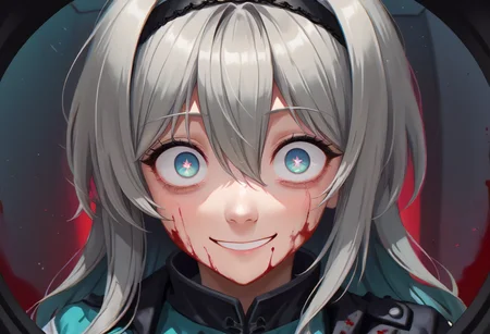 score_9,score_8_up,score_7_up,score_6_up,score_5_up,score_4_up,source_anime,<lora:POV_peephole_concept_ponyXL:1>,pov_peephole,<lora:lora_eyes_V2_ponyxl:0.7>,perfect eyes,1girl,:d,aqua skirt,black hairband,black jacket,blood,blood on face,blood stain,blue eyes,bright pupils,cropped jacket,grey hair,hair between eyes,hair intakes,hairband,jacket,long hair,looking at viewer,sidelocks,skirt,smile,solo,two-tone eyes,upper body,white pupils,wide-eyed,yandere,