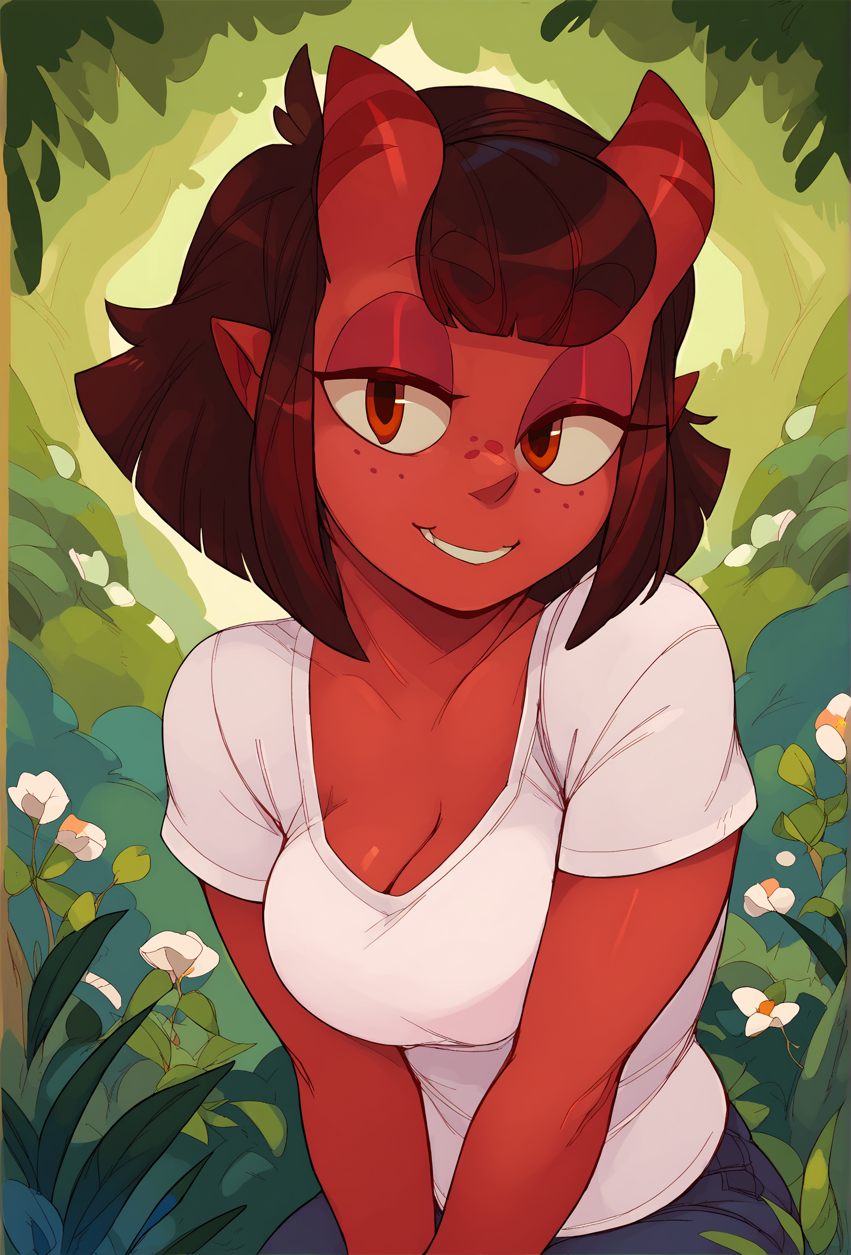 score_9, score_8_up, score_7_up, score_6_up, score_5_up, score_4_up, outdoors, nature, BREAK
 <lora:meru_succubus_ponyxl_v1_unet:0.75> meru, 1girl, solo, looking at viewer, freckles, medium breasts, smile, half-closed eyes, cleavage, white shirt, t-shirt, short hair BREAK
 <lora:TytoAlba_Style_PonyXL_v1_resized.safetensor:1.2>