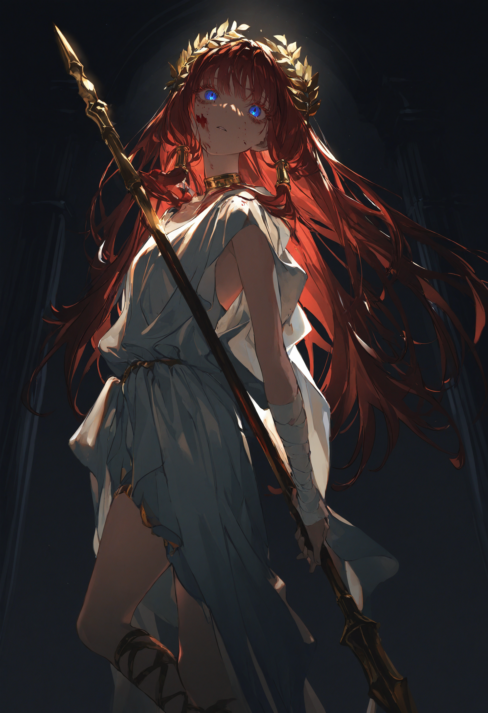 artist:[diyokama|say hana|yoneyama mai|lam],
1girl, solo, toga, red hair, greco-roman clothes, ancient greek clothes, gold choker, laurel crown, gladiator sandals,
looking at viewer, colored eyelashes, long eyelashes, blue eyes, gold hair tubes, parted lips, bags under eyes,
greco-roman architecture, dark, black theme, high contrast, backlighting, bandages, blood on face, holding spear, from side, close-up,
masterpiece, best quality, very awa, absurdres
<lora:noobai_vpred_1_ ancient_greek_clothes_v1:1>