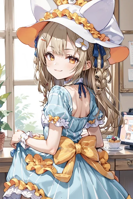 score_9, score_8_up, score_7_up, <lora:amemochi_nina_v1_pony:1>, source_anime, amemochi nina, cowboy shot, room, smug, cute, hat, frills, big yellow bow, back view, dress, looking at viewer, looking back, fake animal ears, white hat,