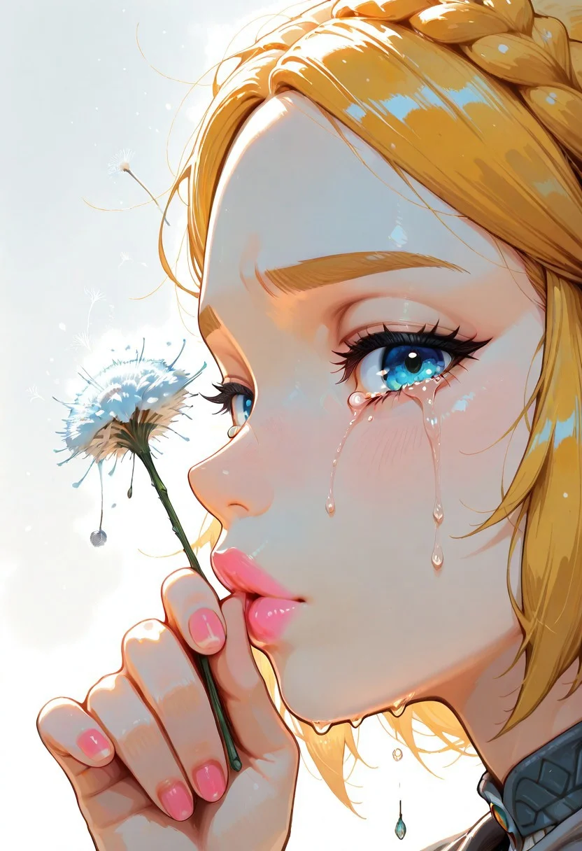 incredibly absurdres, highres, masterpiece, newest,best quality, very aesthetic, absurdres, newest, focused subject, oc-chan_(ketopon), 1girl, Princess Zelda, zelda1x, elf ears, blue eyes, solo, messy hair, solid blue eyes, detailed eyes, eyelashes, hand up, fingernails, pink nail polish, holding dandelion clock, covering mouth with dandelion, blowing dabdelion, dandelion seed, crying tears, close up, portrait, profile, looking at viewer, object focus,backlighting, gradient background, white theme, painterly, traditional media, gloom, opill, Ethereal Brushstroke, pink lipstick, thick lips,