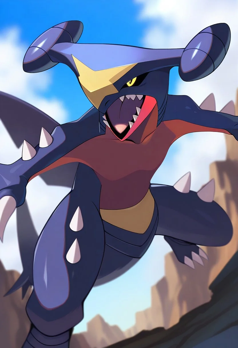 masterpiece, best quality, very aesthetic, high resolution, ultra-detailed, absurdres, newest, extremely detailed eyes, pokemaster_st, garchomp_pokemon, no humans, pokemon (creature), sharp teeth, outdoors, garchomp, open mouth, cloud, day, colored sclera, black sclera, claws, yellow eyes, dragon, blurry, animal focus, standing, tongue, blue sky