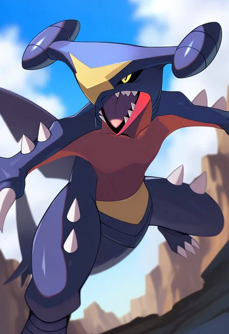 masterpiece, best quality, very aesthetic, high resolution, ultra-detailed, absurdres, newest, extremely detailed eyes, pokemaster_st, garchomp_pokemon, no humans, pokemon (creature), sharp teeth, outdoors, garchomp, open mouth, cloud, day, colored sclera, black sclera, claws, yellow eyes, dragon, blurry, animal focus, standing, tongue, blue sky