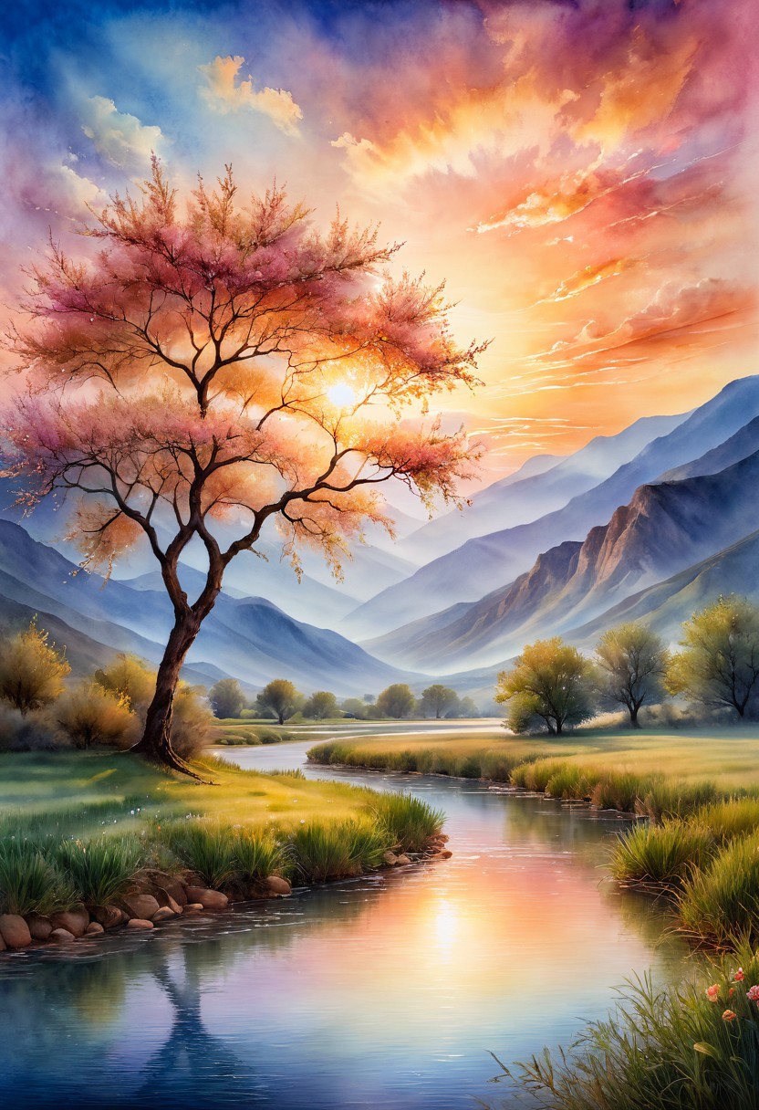 (masterpiece:1.4), best quality, watercolor, ink, oil and pencil, oil painting, watercolor painting style with translucent layers, blended colors, and a fluid, organic feel, spacescape, translucent layers, blended colors, fluid, organic, artistic, delicate, ethereal, painterly, spacescape, a peach tree, beside a pond, an evening sun, blue sky with some clouds, the mountain, the valley, the river flowing down from the mountain,
