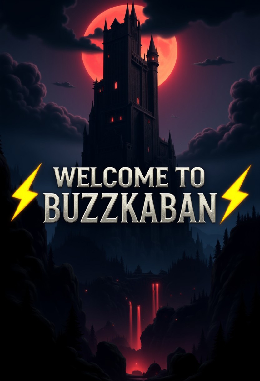 Dark fantasy movie poster. A monumental stone tower in dark fantasy style. Thick dark clouds and red moon light and a dark forest around. The yellow bolts icons on sides of image. The title in the middle is "Welcome to Buzzkaban". Metallic gray color of the title. Dark, scary and magical atmosphere. realistic, higly detailed, cinematic, cartoonish atmosphere. aidmaDarkfantasy