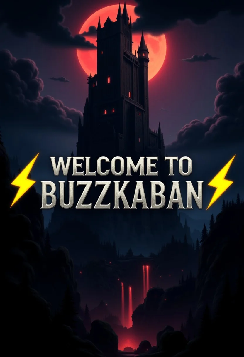 Dark fantasy movie poster. A monumental stone tower in dark fantasy style. Thick dark clouds and red moon light and a dark forest around. The yellow bolts icons on sides of image. The title in the middle is "Welcome to Buzzkaban". Metallic gray color of the title. Dark, scary and magical atmosphere. realistic, higly detailed, cinematic, cartoonish atmosphere. aidmaDarkfantasy