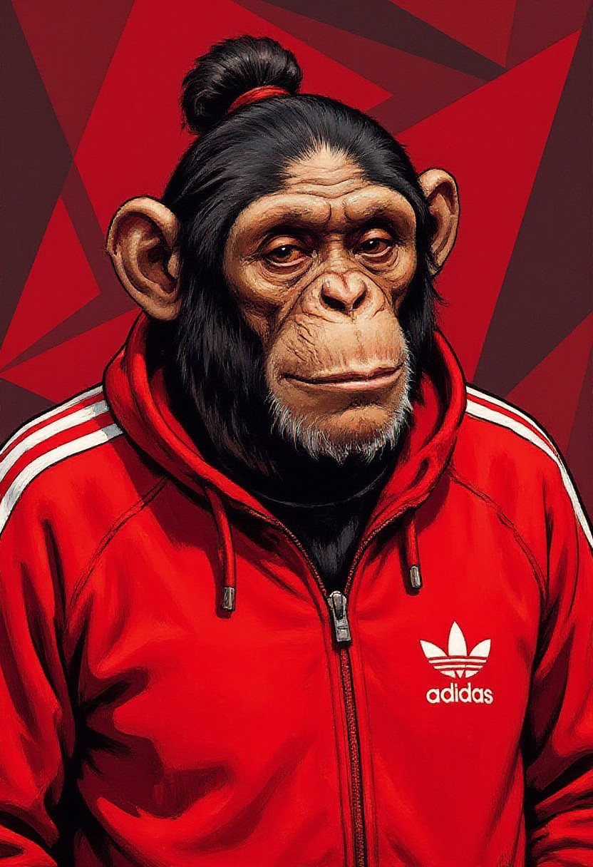 illustrated portrait of a a chimp with a man-bun wearing a red Adidas style tracksuit, the background are geometric shapes in a red and black colour scheme