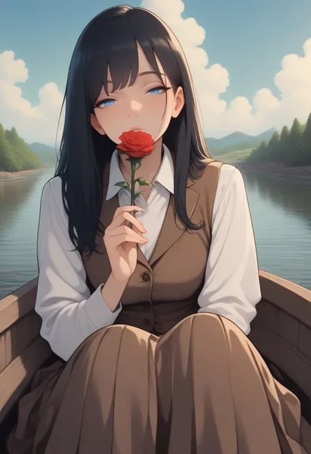 masterpiece, best quality, very aesthetic, 1girl, solo, dark hair, long hair, blue eyes, looking at viewer, holding rose, half-closed eyes, white collared shirt, brown vest, pleated skirt, long skirt, sitting, knees up, upper body, day, Eleanor \(people's works\), boat, river, cloud, blue sky, from below