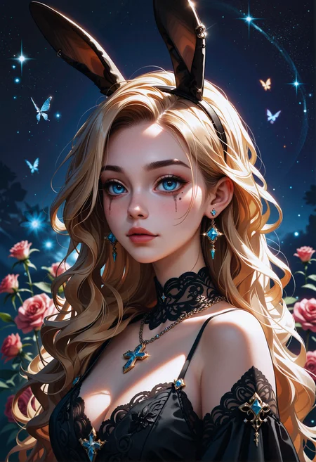 score_9, score_8_up, score_7_up, score_6_up, score_5_up, score_4_up, 1girl, rabbit ears, blonde wavy hair, long hair, beautiful, large eyes, piercing gaze, light brown skin, delicate makeup, calm expression, black lace dress, low-cut neckline, ornate jewelry, intricate earrings with blue gems, necklace with cross pendant, luxurious clothing, soft light, (twinkling stars in the night sky:1.1), glowing flowers, roses, peaceful atmosphere, elegant scene, gentle shadows, glowing ambiance, <lora:Concept Art DarkSide Style LoRA_Pony XL v6:0.4> concept art, <lora:g0th1cPXL:0.4> <lora:incase_style_v3-1_ponyxl_ilff:0.3> <lora:Expressive_H-000001:0.6> expressiveh, <lora:sinfully_stylish_SDXL:0.4>