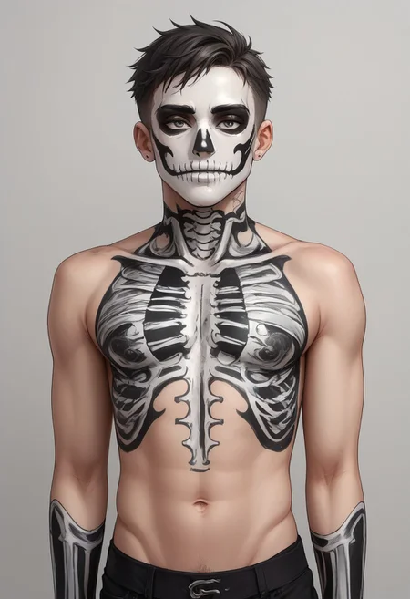 score_9, score_8_up, score_7_up, source_anime, highly detailed, 1boy, solo, cute boy, freckles, grey eyes, SKULLF4C3XL, skull tattoo, facial_tattoo, skeleton makeup, skull facepaint, skeleton body paint, shirtless, navel, pelvis