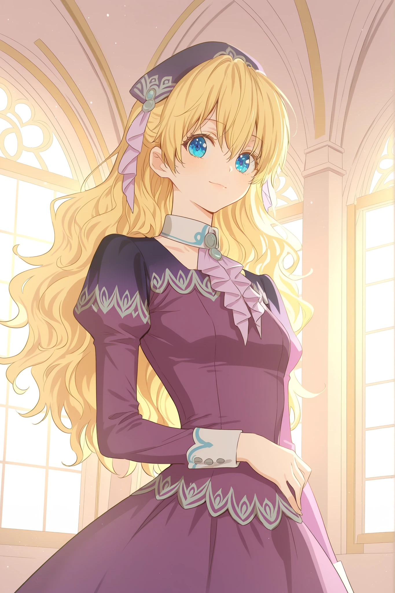 masterpiece, best quality, absurdres, high quality,  sharp focus,
purplebonnetdress, 1girl, solo, athanasia, blonde hair, blue eyes, long hair, wavy hair, dress, purple dress, long dress, long sleeves, white cuffs, white collar, neckwear, dress trim, headwear, purple headwear,
looking at viewer, slight smile, elegant pose, calm expression, delicate features,
soft lighting, window light, warm lighting, indoors, palace interior, detailed background,
portrait