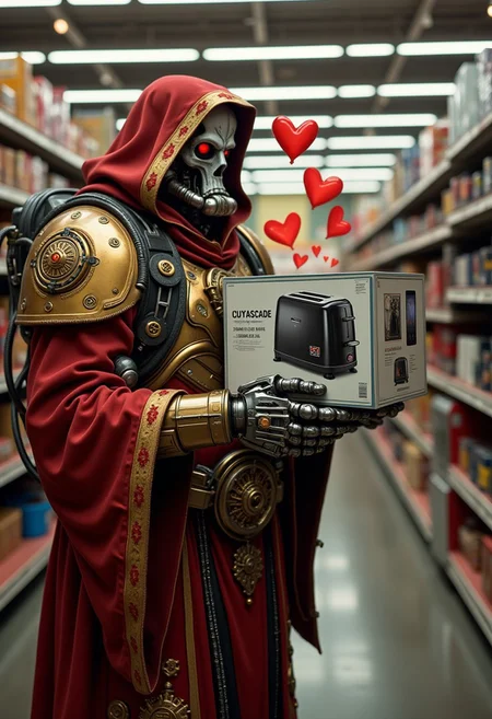 A highly detailed depiction of a Warhammer 40k Techpriest standing in the middle of a brightly lit Home Depot, blending grimdark sci-fi with absurd humor. The Techpriest is dressed in elaborate red and gold robes with cog-toothed hems and intricate Mechanicus insignias. His mechanical limbs and servos gleam under the fluorescent lighting, with one of his mechanical arms carefully cradling an unopened toaster box.
The box features a clean, modern design with a printed illustration of a sleek, contemporary toaster, its branding and features prominently displayed, as though freshly plucked from a shelf. The Techpriest gazes at the box with intense adoration, while simple red hearts (non-glowing) float above his hooded face, emphasizing his comically serious affection for this mundane object. The backdrop is a typical Home Depot aisle, filled with shelves stocked with tools, hardware, and appliances, creating an amusing and surreal juxtaposition