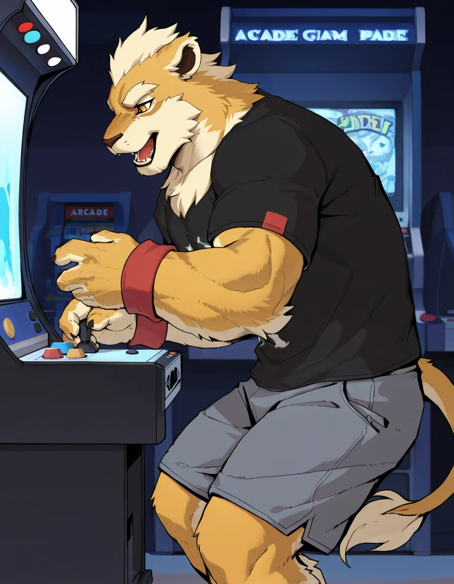 luser, lion, solo, muscular male, anthro,
black t-shirt, grey shorts, red wristband,
playing games, playing, open mouth, happy, holding arcade stick,
arcade, incide, arcade machine, side view,
three-quarter portrait, detailed background, foreground,
<lora:ThreefoldRecital_2.11:1>