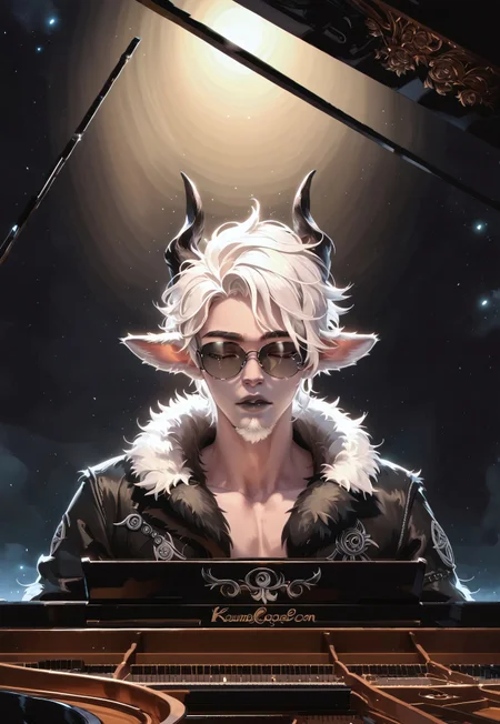 safe_pos, concept art, digital art, realistic, 1male, faun, short hair, white hair, white soul patch, stylish, solo, neat hair, sunglasses, korean, k-pop star, shirtless, fur coat, black horns, long ears, faun ears, pale skin, white facial hair, straight hair, combed hair, chin beard, black eyebrows, black lips, black nose, playing piano, spotlight, somber, beautiful, eyes closed, tears, full body, grand piano, soft green lighting, death close, long pants, starry sky