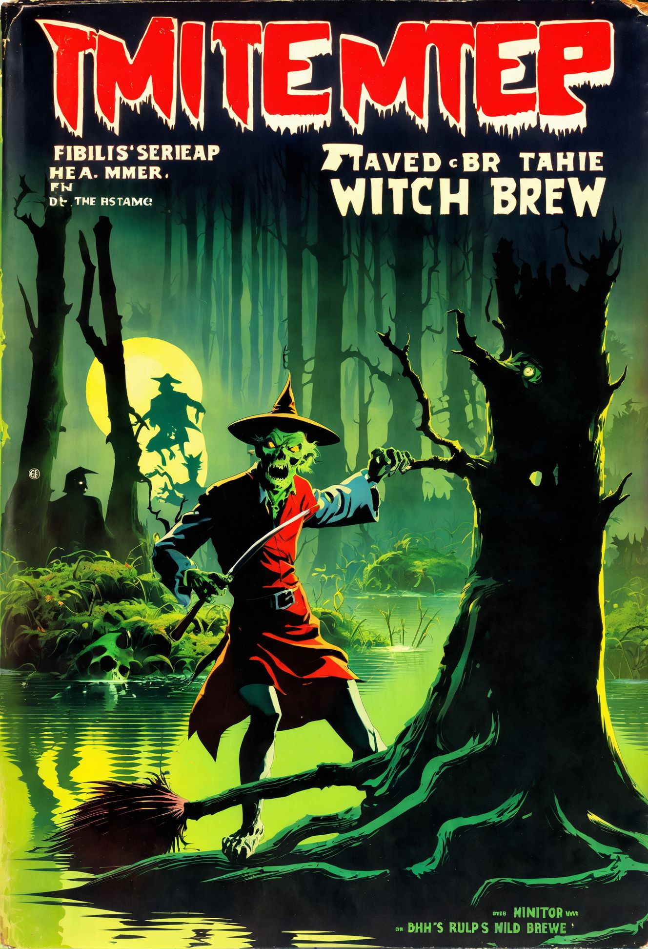 anime, comix, pulp fantasy book cover, zombie, Witch's Brew Swamp, <lora:EnvyPulpFantasyXL-prod-weighted-000012:1:1:lbw=ALL>