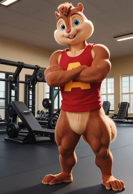 Score_9, score_8_up, score_7_up, source_furry, Alvin Seville, chipmunk, chipmunk male, furry male, furry, 3d, render, movie screencap, blue eyes, muscular body, muscles arms, muscular legs and thighs, red tank top, barefoot, gym, machines, smiling, crossed arms, looking at viewer, <lora:Alvin _Seville __Alvin_and_the_Chipmunks__CG_Movie_version:0.8>