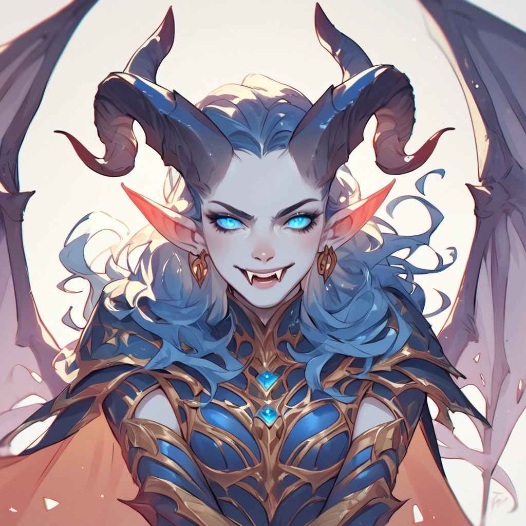 demonify, score_9, score_8_up, score_7_up, score_6_up, wings, fangs, horns, Tiefling, blue eyes,  long thin gray with white tip horns, dark green with dark blue highlights hair,  white skin, and dark green and dark blue armor with a cape