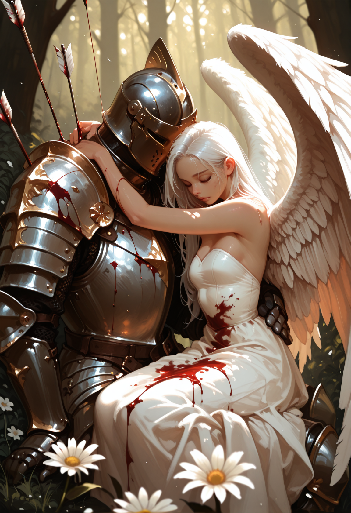 1girl, armor, arrow \(projectile\), wings, blood, dress, flower, long hair, helmet, 1boy, white dress, blood on clothes, full armor, feathered wings, weapon, white hair, white wings, angel wings, white flower, knight, impaled, closed eyes, bare shoulders, hug, blurry, shoulder armor, strapless, helm, angel, sitting, strapless dress, forest, depth of field, sitting on lap,, masterwork, masterpiece, best quality, dynamic lighting , dynamic pose,,  dynamic angle, , , (realistic:1.2), (lineless:1.2), detailed, <lora:Detailer_NoobAI_Incrs_v1:1>,
