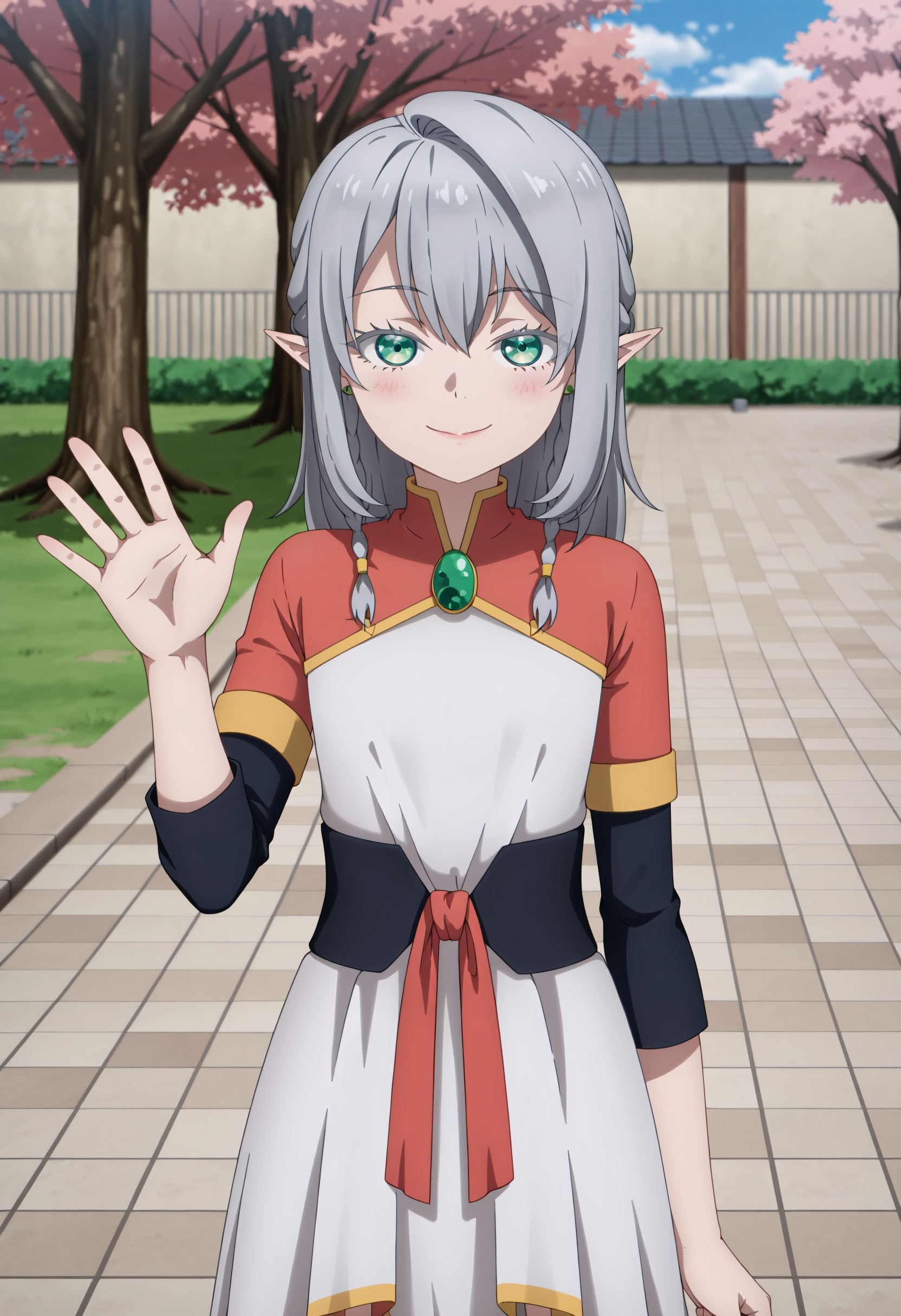 <lora:Young Tessia_IL:1>Young Tessia, 1girl, gray hair, pointed ears, elf, green eyes, white asymmetrical dress with yellow trim, red sash waist tie, black long-sleeve undershirt, green gem pendant necklace, white thigh-high socks, black crisscross strap shoes
 City rooftop bar with cherry blossom trees,seductive smile , waving to the viewer, upper body,