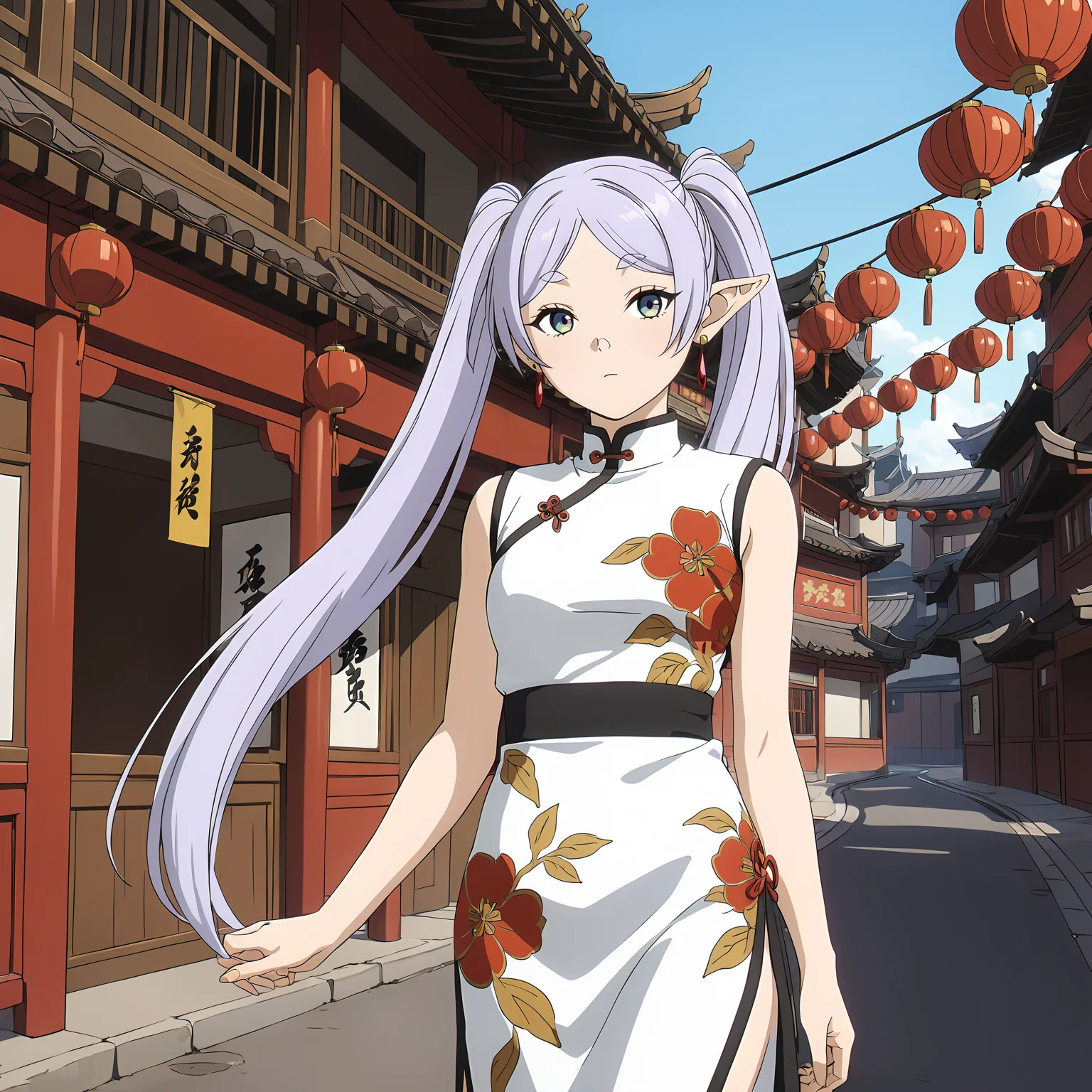 <lora:FrierenXL004>,<lora:DetailedEyes_V3:1.6>,looking at viewer,
solo,
anime screencap,
best quality,masterpiece,
Frieren,1girl,light purple hair,twintails,multicolored eyes,earrings,
cowboy shot,
floral_print,
(print_cheongsam:1.2),chinatown,