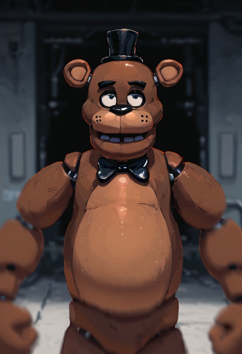 masterpiece, best quality, amazing quality, very aesthetic, absurdres, newest, , detailed background, 
 movie scene, cinematic scene, cinematic, foreground blur, depth of field, 
klskx
freddy, black bowtie, black hat, brown skin, bear ears, animatronic,